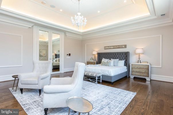 Bedroom, Chandelier, Interior, Recessed Lighting, Wood Texture Flooring