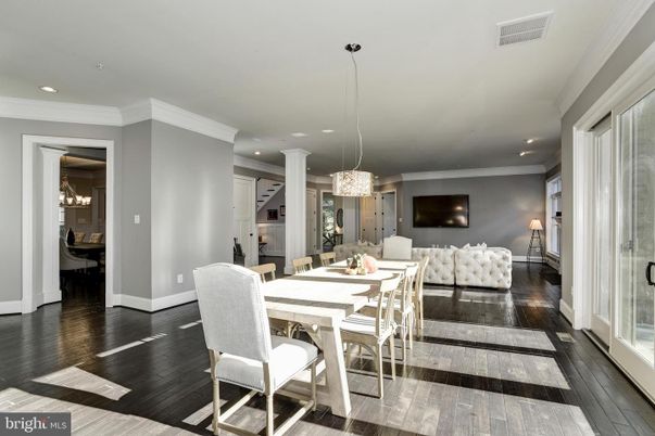 Chandelier, Dining room, Interior, Living room, Pendant Lights, Recessed Lighting, Wood Texture Flooring