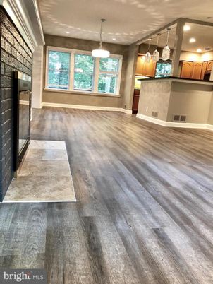 Empty room, Interior, Kitchen, Pendant Lights, Recessed Lighting, Wood Texture Flooring