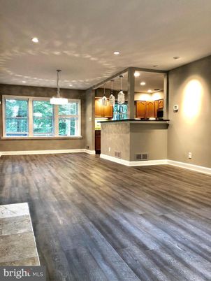 Empty room, Interior, Kitchen, Pendant Lights, Recessed Lighting, Wood Texture Flooring