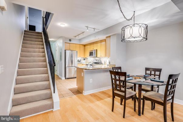 Dining room, Interior, Kitchen, Pendant Lights, Stainless Steel Appliances, Wood Texture Flooring