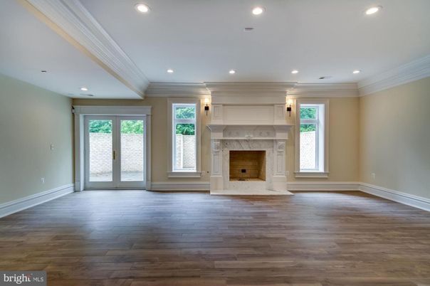 Empty room, Fireplace, Interior, Recessed Lighting, Wood Texture Flooring