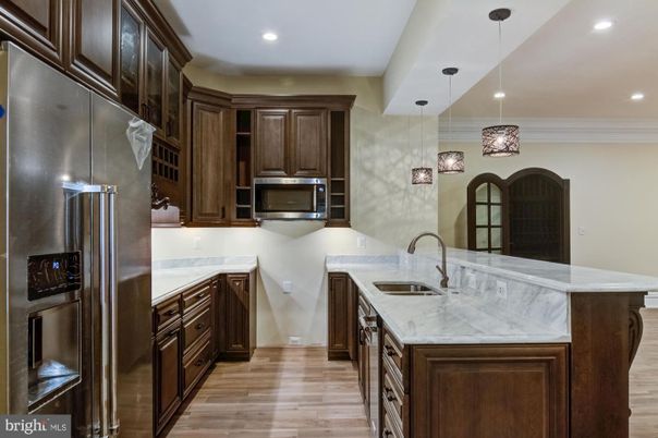 Interior, Kitchen, Pendant Lights, Recessed Lighting, Stainless Steel Appliances, Wood Texture Flooring