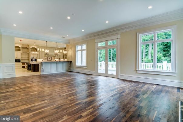 Empty room, Interior, Kitchen, Pendant Lights, Recessed Lighting, Wood Texture Flooring