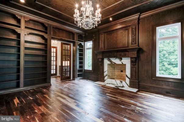 Chandelier, Empty room, Fireplace, Interior, Recessed Lighting, Wooden Ceilings, Wood Texture Flooring, Wooden Walls