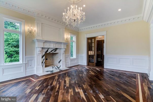Chandelier, Empty room, Fireplace, Interior, Recessed Lighting, Wood Texture Flooring