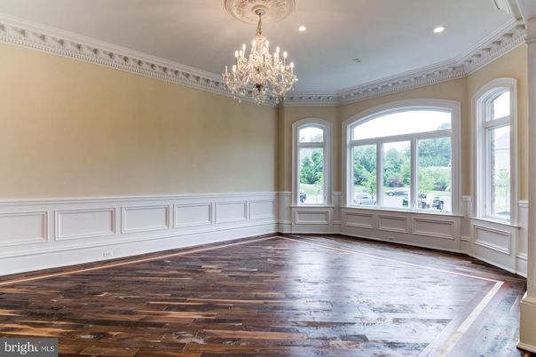 Chandelier, Empty room, Interior, Recessed Lighting, Wood Texture Flooring