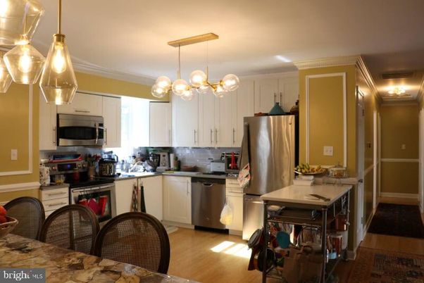 Interior, Kitchen, Pendant Lights, Stainless Steel Appliances, Wood Texture Flooring