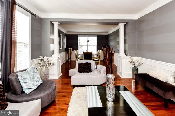 Dining room, Fireplace, Interior, Pendant Lights, Wood Texture Flooring