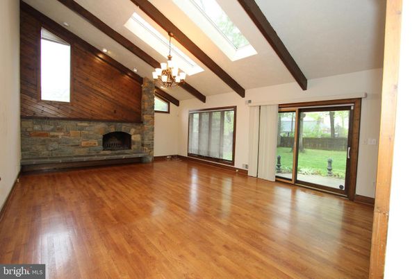 Chandelier, Empty room, Fireplace, Interior, Wooden Beams, Wood Texture Flooring