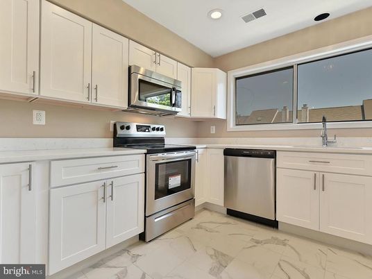 Interior, Kitchen, Marble, Recessed Lighting, Stainless Steel Appliances