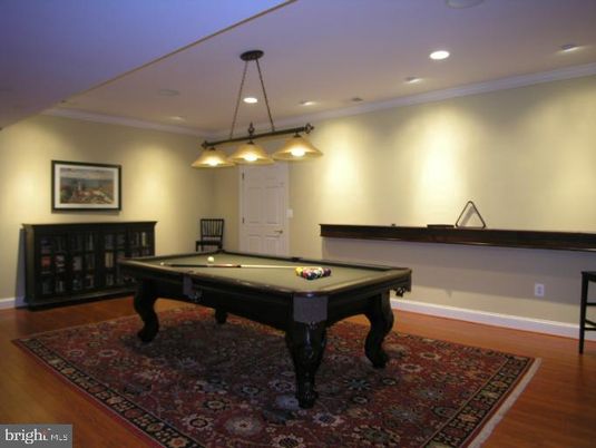 Billiard Table, Game Room, Interior, Pendant Lights, Recessed Lighting, Wood Texture Flooring