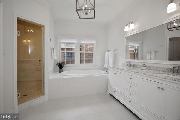 Bathroom, Dual Sink Vanities, Glass Shower, Interior, Pendant Lights