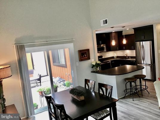 Dining room, Interior, Kitchen, Pendant Lights, Stainless Steel Appliances, Wood Texture Flooring