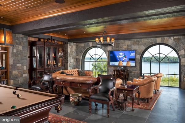 Billiard Table, Chandelier, Game Room, Interior, Living room, Stone Walls, Wooden Beams, Wooden Ceilings