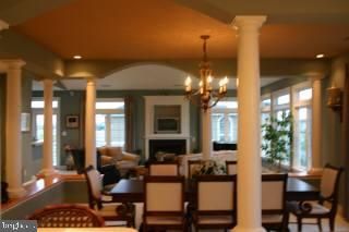 Chandelier, Dining room, Fireplace, Interior, Living room, Recessed Lighting