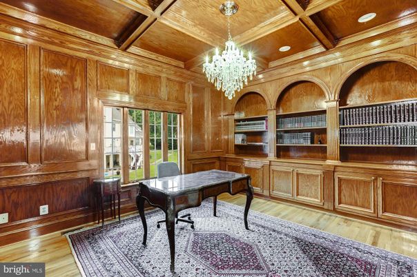 Chandelier, Home Office, Interior, Recessed Lighting, Wooden Beams, Wooden Ceilings, Wood Texture Flooring, Wooden Walls