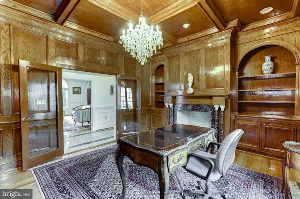 Chandelier, Fireplace, Home Office, Interior, Recessed Lighting, Wooden Beams, Wooden Ceilings, Wood Texture Flooring, Wooden Walls