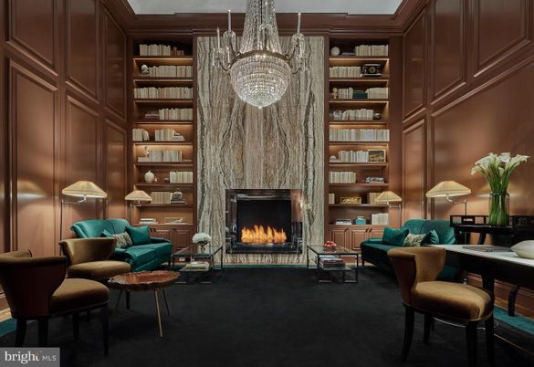 Chandelier, Fireplace, Home Office, Interior, Living room, Wooden Walls