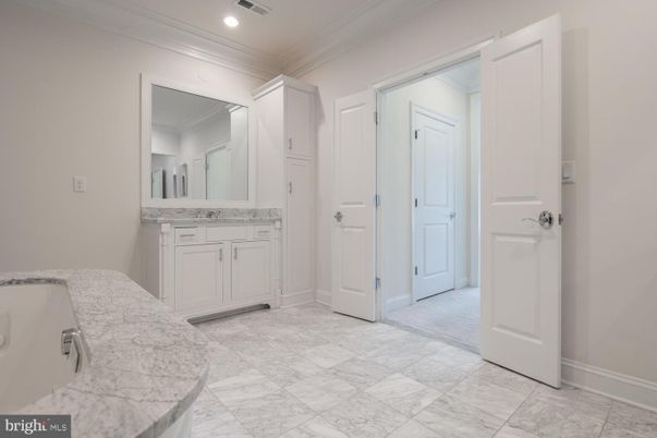 Bathroom, Dual Sink Vanities, Interior, Marble, Recessed Lighting