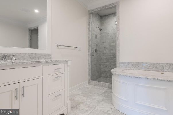 Bathroom, Glass Shower, Interior, Marble, Marble Walls, Recessed Lighting