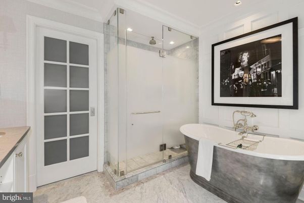 Bathroom, Free Standing Baths, Glass Shower, Interior, Marble, Recessed Lighting