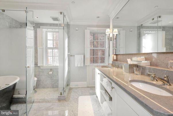 Bathroom, Dual Sink Vanities, Free Standing Baths, Glass Shower, Interior, Marble, Recessed Lighting