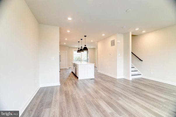 Empty room, Interior, Kitchen, Pendant Lights, Recessed Lighting, Wood Texture Flooring