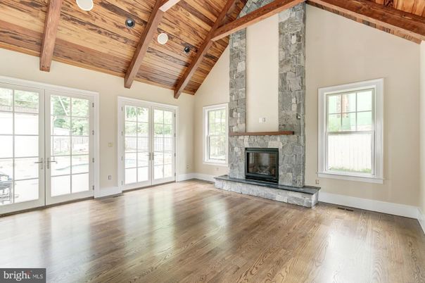 Empty room, Fireplace, Interior, Wooden Beams, Wooden Ceilings, Wood Texture Flooring