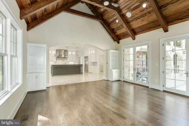Empty room, Interior, Kitchen, Pendant Lights, Wooden Beams, Wooden Ceilings, Wood Texture Flooring