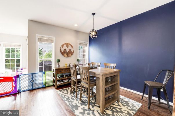 Dining room, Interior, Pendant Lights, Recessed Lighting, Wood Texture Flooring
