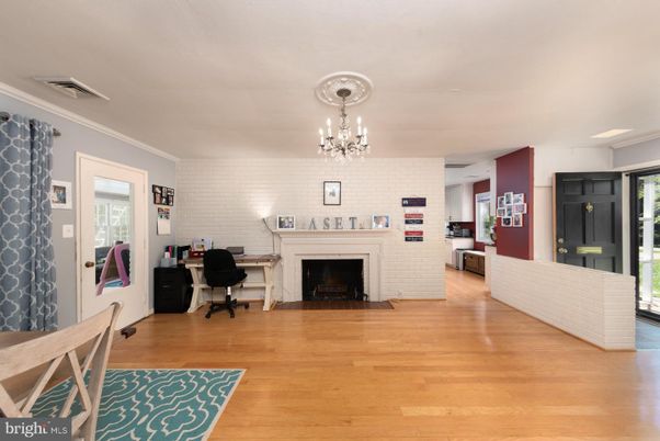 Chandelier, Fireplace, Home Office, Interior, Stone Walls, Wood Texture Flooring