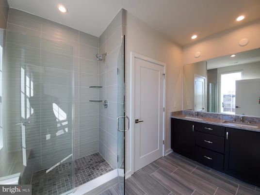 Bathroom, Glass Shower, Interior, Recessed Lighting, Wood Texture Flooring