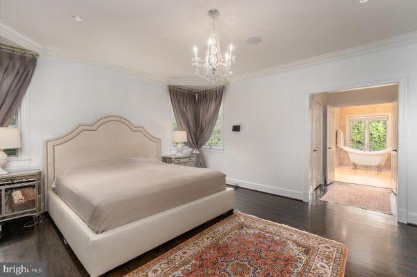 Bedroom, Chandelier, Interior, Recessed Lighting, Wood Texture Flooring
