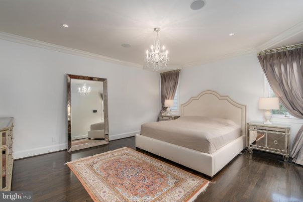 Bedroom, Chandelier, Interior, Recessed Lighting, Wood Texture Flooring