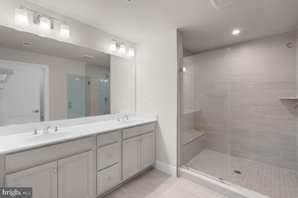 Bathroom, Dual Sink Vanities, Glass Shower, Interior, Recessed Lighting