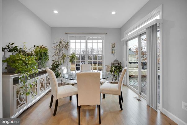 Dining room, Interior, Recessed Lighting, Wood Texture Flooring