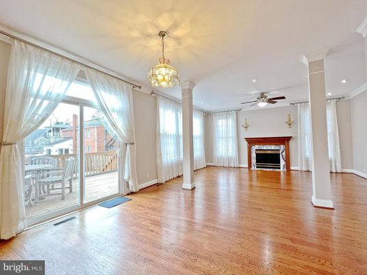 Empty room, Fireplace, Interior, Pendant Lights, Recessed Lighting, Wood Texture Flooring