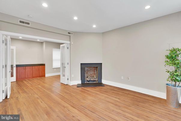 Empty room, Fireplace, Interior, Recessed Lighting, Wood Texture Flooring