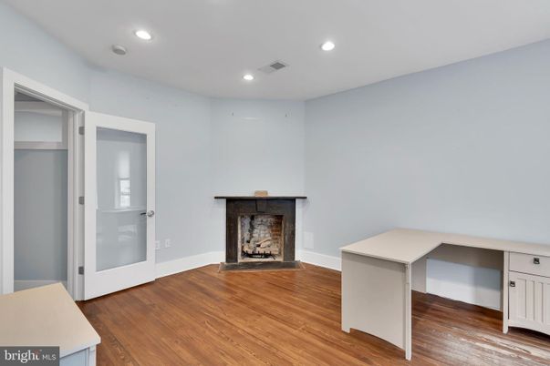 Empty room, Fireplace, Interior, Recessed Lighting, Wood Texture Flooring
