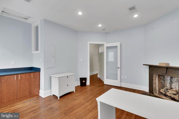 Empty room, Fireplace, Interior, Recessed Lighting, Wood Texture Flooring