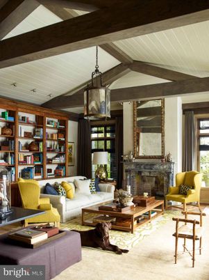 Fireplace, Interior, Living room, Pendant Lights, Wooden Beams, Wood Texture Flooring