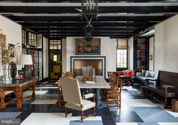 Chandelier, Dining room, Fireplace, Interior, Wooden Beams
