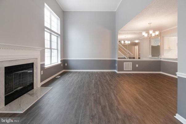 Chandelier, Empty room, Fireplace, Interior, Wood Texture Flooring