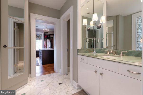 Bathroom, Chandelier, Interior, Marble, Recessed Lighting, Wood Texture Flooring
