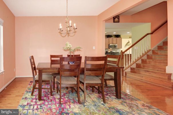 Chandelier, Dining room, Interior, Recessed Lighting, Wood Texture Flooring