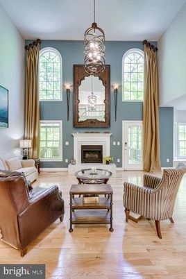 Fireplace, Interior, Living room, Pendant Lights, Wood Texture Flooring