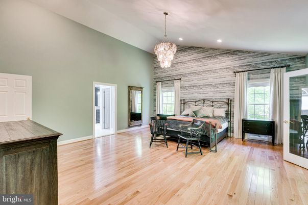 Bedroom, Chandelier, Interior, Recessed Lighting, Wood Texture Flooring