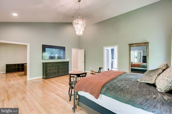 Bedroom, Chandelier, Interior, Recessed Lighting, Wood Texture Flooring