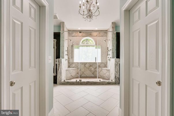 Bathroom, Chandelier, Glass Shower, Interior, Recessed Lighting